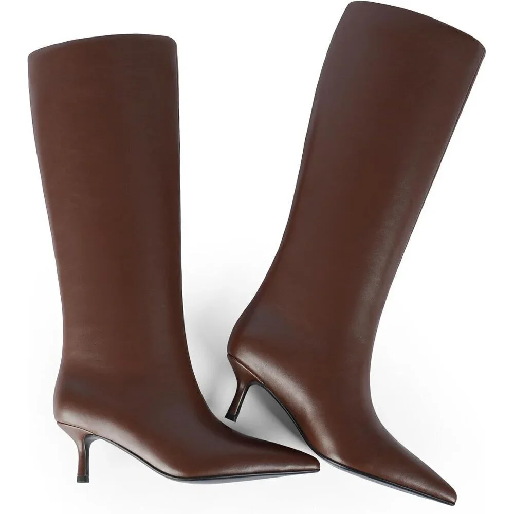 Women Brown Knee High Boots Kitten Heels Tall Pointed Toe Long Boots